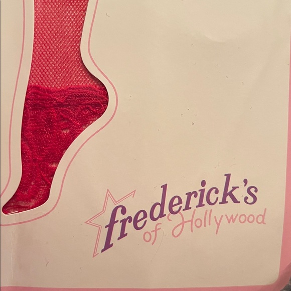 NEW Frederick’s of Hollywood Lace Top Stockings LARGE Sheer Red Nylon Stretch